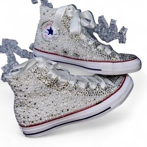 Crystals Diamond & Pearls High Top Converse Sizes 5-14 New With Ribbon Laces